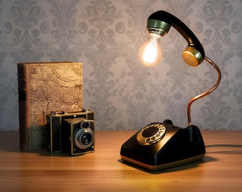 Retro Telephone Desk Lamp: Black Upcycled Vintage Decor