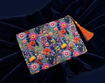 Handmade Evening Clutch, Handbag, Purse, Make up bag, Floral Faux Embroidery