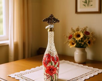 Handgjord dekorativ flaska: Krackelerad röd blomdesign