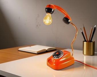 Retro Telephone Desk Lamp: Orange Upcycled Vintage Decor