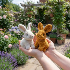 Peut inclure: Deux lapins en crochet, un crème et un jaune doré, sont tenus dans des mains ouvertes. Les lapins ont de longues oreilles et sont assis. L'arrière-plan présente un jardin avec des fleurs et de la verdure.