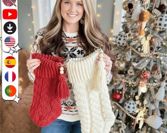 HAAKPATROON + VIDEO / Gezellige kerstsok met kabelmotief, kerstdecoratie, haakpatroon voor een kerstsok, kersthaakpatroon, 2 maten