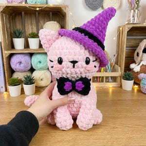 Peut inclure: Un chat rose en crochet portant un chapeau de sorcière violet avec une bande noire et un nœud papillon noir et violet. Le chat a des yeux noirs, des moustaches et des joues roses. Le chat est assis sur une surface en bois.