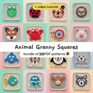 Häkelmuster für Zootiere im Granny Square-Stil, Babydecken-Musterpaket, Anfängerfreundliche Häkeldecke mit Zootieren, 30 PDF-Anleitungen
