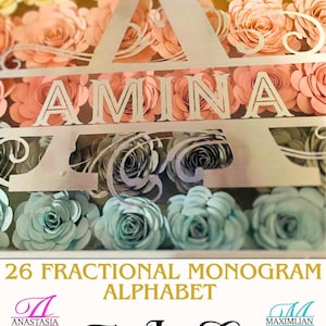 Peut inclure: Une œuvre d'art en papier en couches avec le nom "AMINA" en blanc, sur un fond de roses en papier dans des tons de jaune, pêche et bleu. Le texte "26 Fractional Monogram Alphabet" est également visible.