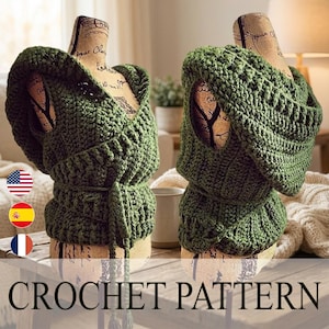 Peut inclure: Un gilet à capuche crocheté vert présenté sur un mannequin. Le gilet présente un motif de point texturé et une fermeture à nouer à la taille. Le texte "CROCHET PATTERN" est visible en bas de l'image.