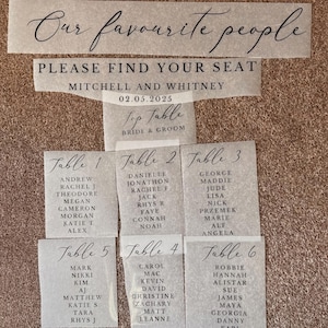 May include: A set of translucent vellum wedding seating chart cards with black printed text. The cards display the header Our favourite people, Please find your seat, Mitchell and Whitney, 02.05.2025, Top Table, and Tables 1 through 6 with guest names.