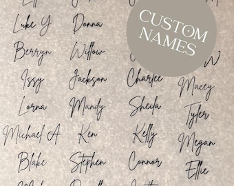 May include: A beige textured background displays a list of names written in black cursive script. A circular taupe overlay in the upper right corner features the white text CUSTOM NAMES with a small star icon between the two words.