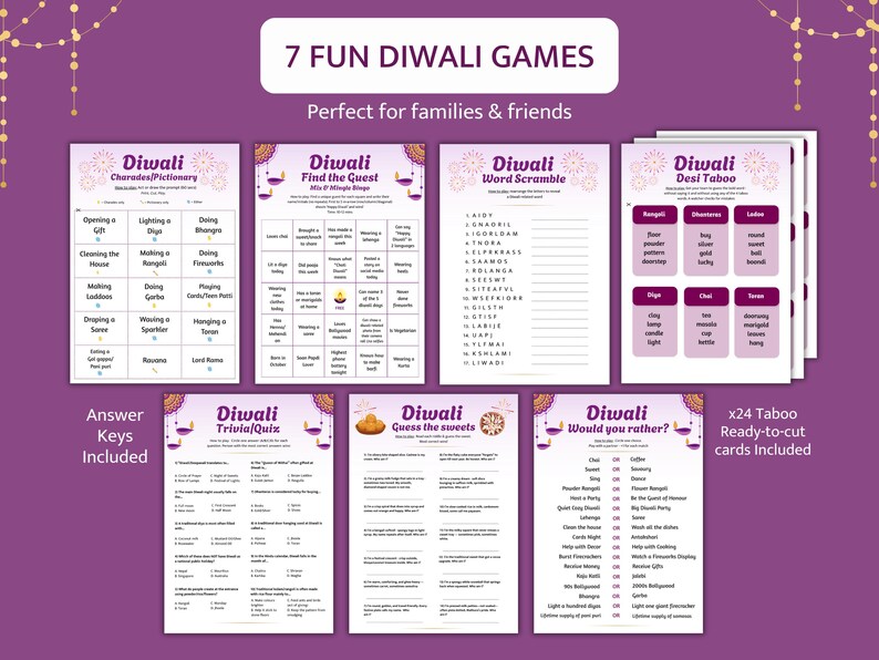 Diwali Party Games Bundle, 7 Printable Desi Games for Family & Friends ...