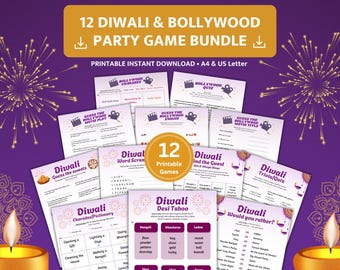 12 Diwali & Bollywood Party Games Bundle, Printable Diwali Games for Adults, Families, Diwali Trivia, Bollywood Charades, Instant Download