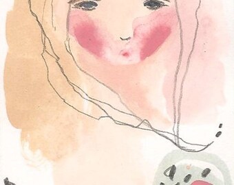 ACEO original girl painting, silence drawing, art card