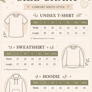 May include: A beige size chart by DesignByDesignPrints featuring line drawings of a t-shirt, sweatshirt, and hoodie. Tables list width and length measurements in inches for sizes S through XXXL. A wooden spool of thread sits in the bottom corner.