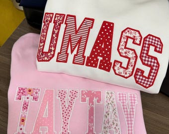Custom College Patchwork Applique Sweatshirt, Personalized Mascot Embroidered Crewneck, Varsity School Spirit Sweatshirt