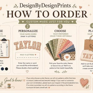 May include: An instructional graphic titled DesignByDesignPrints HOW TO ORDER with four steps. It shows sweatshirt colour options, a name personalisation example, fabric pattern swatches, and a finished sweatshirt with the name TAYLOR.