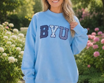 Custom Varsity Applique Mock Neck Sweatshirt, Personalized College Name Crewneck, Patchwork Embroidery Gift, Preppy Pullover