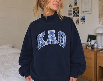 Personalized Greek Letter Gingham Mockneck Sweatshirt, Custom Sorority Applique Crewneck, Embroidered Name College Pullover