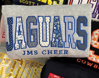 Custom Mascot Chenille Embroidered Sweatshirt, Personalized Cheer Team Applique Crewneck, Varsity School Spirit Sweatshirt