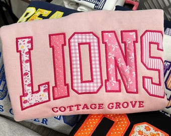 Custom Varsity Applique Sweatshirt, Personalized School Name Crewneck, Embroidered Patchwork College Spirit Sweatshirt