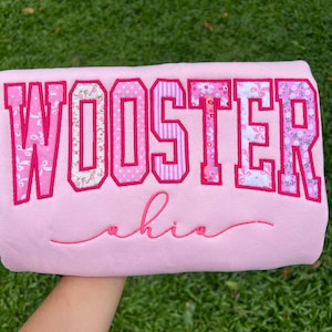 May include: A light pink sweatshirt featuring the word WOOSTER in large, block-style letters with a pink floral and striped pattern, outlined in dark pink thread. Below the word, the name ahia is embroidered in a dark pink cursive script.
