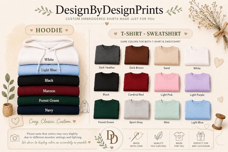 May include: A colour chart for apparel featuring a stack of hoodies in white, light blue, black, maroon, forest green, and navy. Beside it, a grid displays t-shirts and sweatshirts in dark heather, dark brown, sand, white, black, red, pink, purple, green, grey, mint, and light blue.