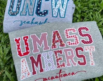 Personalized Varsity Applique Sweatshirt, Custom School Name Crewneck, Embroidered Patchwork College Spirit Sweatshirt, Preppy School Gift