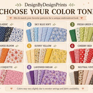 May include: A colour chart titled CHOOSE YOUR COLOUR TONE by DesignByDesignPrints displaying nine numbered fabric sets in various shades including navy, sky blue, green, orange, yellow, red, pink, lavender, and neutral tones with floral and geometric patterns.
