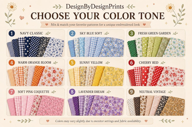 May include: A colour chart titled CHOOSE YOUR COLOUR TONE by DesignByDesignPrints displaying nine numbered fabric sets in various shades including navy, sky blue, green, orange, yellow, red, pink, lavender, and neutral tones with floral and geometric patterns.