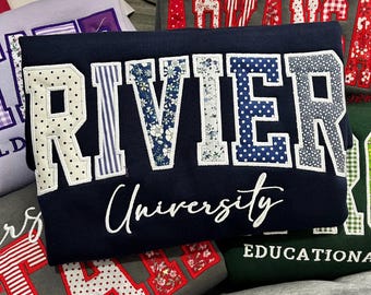 Custom Embroidered Kid Sweatshirt, Personalized Name Applique Crewneck, Varsity School Spirit Sweatshirt