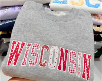 Custom Embroidered Varsity Applique Sweatshirt, Personalized School Name Crewneck, Patchwork College Spirit Shirt, School Apparel