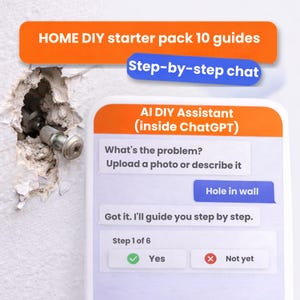 May include: Image showing a smartphone screen with an AI DIY assistant interface. The screen displays text about a hole in a wall and step-by-step guidance. Above the phone are orange and blue banners with text about a DIY starter pack.
