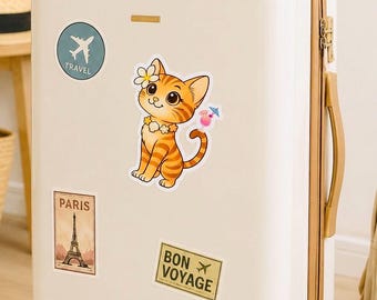 Liliu Shell Cute Tabby Cat Sticker | Hawaiian Kawaii Cat with Plumeria & Tropical Drink
