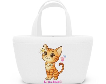 Liliu Shell Tropical Tabby Lunch Tote  Cute Hawaiian Cat Mini Bag for Everyday Use.