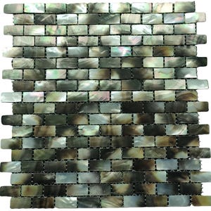 May include: A square mosaic tile sheet composed of small, rectangular tiles. The tiles have a pearlescent, iridescent finish with shades of gray, black, and hints of green and pink. The tiles are arranged in a brick pattern.