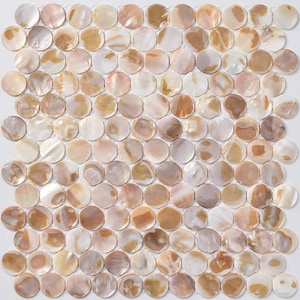 May include: A mosaic tile sheet composed of numerous round, iridescent shell pieces. The tiles vary in color, displaying shades of white, beige, tan, and brown. The arrangement creates a textured, decorative surface suitable for various design applications.