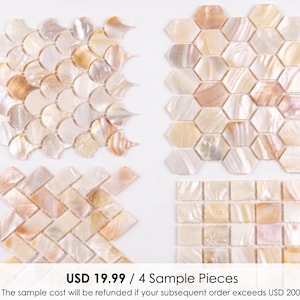 Puede incluir: Cuatro muestras de baldosas de mosaico iridiscentes en varias formas: escama de pez, hexágono, rectangular y cuadrado. Las baldosas tienen un acabado nacarado con tonos blancos, beige y marrón claro. El texto dice "USD 19.99 / 4 Sample Pieces."