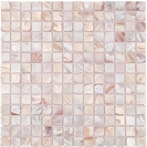 May include: A sheet of mosaic tiles, each a small square, creating a repeating pattern. The tiles have a pearlescent finish, with colours of white, beige, and pink. This decorative surface would be suitable for a variety of design projects.