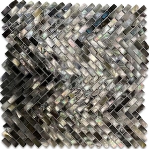 Black Mother of Pearl Herringbone Tile, Dramatic Iridescent Shell Mosaic for Statement Wall, Luxury Bathroom Accent