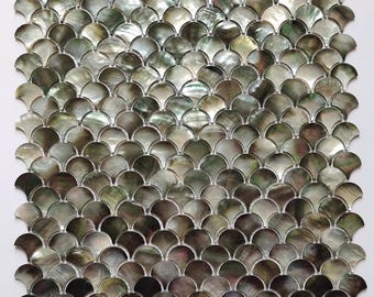 Black Mother of Pearl Fish Scale Tile, Iridescent Scallop Shell Mosaic for Bathroom Backsplash Kitchen Wall Shower Niche Coastal Decor