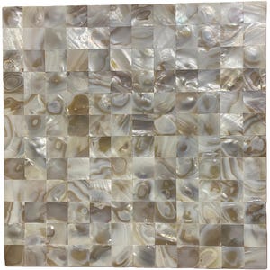 May include: A square mosaic tile sheet composed of numerous small, individual square pieces of iridescent mother of pearl. Each tile displays unique natural swirling patterns and varying shades of white, cream, beige, and soft pearlescent gray.