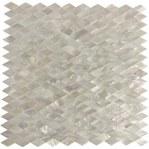 May include: A square mosaic tile sheet composed of numerous small, diamond-shaped tiles. The tiles have a pearlescent, off-white color with subtle variations in tone, creating a shimmering effect. The overall pattern is uniform and geometric.