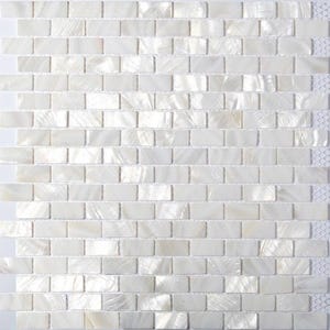 Può includere: Mosaico di piastrelle in madreperla bianca a motivo a mattoni. Le piastrelle hanno una lucentezza perlescente, che riflette la luce. Il mosaico è adatto a varie applicazioni di design, come alzatine o pareti decorative.