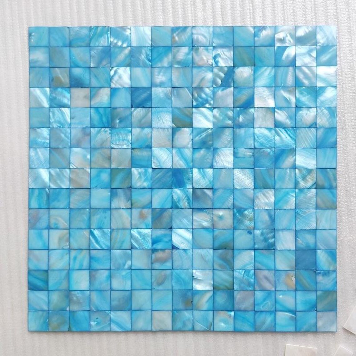 Ocean Blue Mother of Pearl Tile, Coastal Square Shell Mosaic Backsplash ...