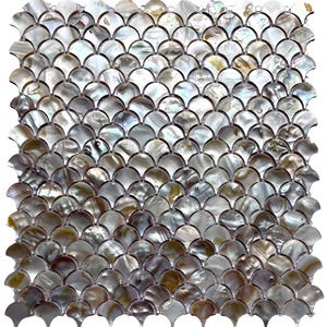 May include: A mosaic tile sheet featuring a fish scale design. The tiles have an iridescent quality, displaying silver, gold, and pearl hues. They are arranged in an overlapping pattern, creating a textured surface. Suitable for kitchen backsplashes and bathroom walls.