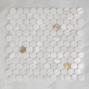 Exclusive White & Gold Mother of Pearl Penny Tile, Speckled Shell Mosaic with Gold Lip Accents, Only Here