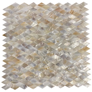 May include: A square mosaic tile composed of numerous iridescent, diamond-shaped pieces. The tiles have a pearlescent sheen with variations of white, cream, and gold. The overall pattern creates a textured, shimmering surface, suitable for decorative applications.