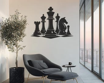 Chess Pieces Metal Wall Art, Modern Metal Chess Decor for Home, Office, or Game Room | King Queen Knight Artwork | Contemporary Wall Art