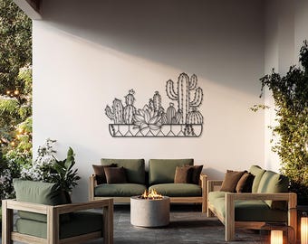 Cactus Metal Wall Art, Large Modern Succulent Wall Decor, Indoor Outdoor Botanical Metal Artwork for Home, Patio & Garden Wall Decoration