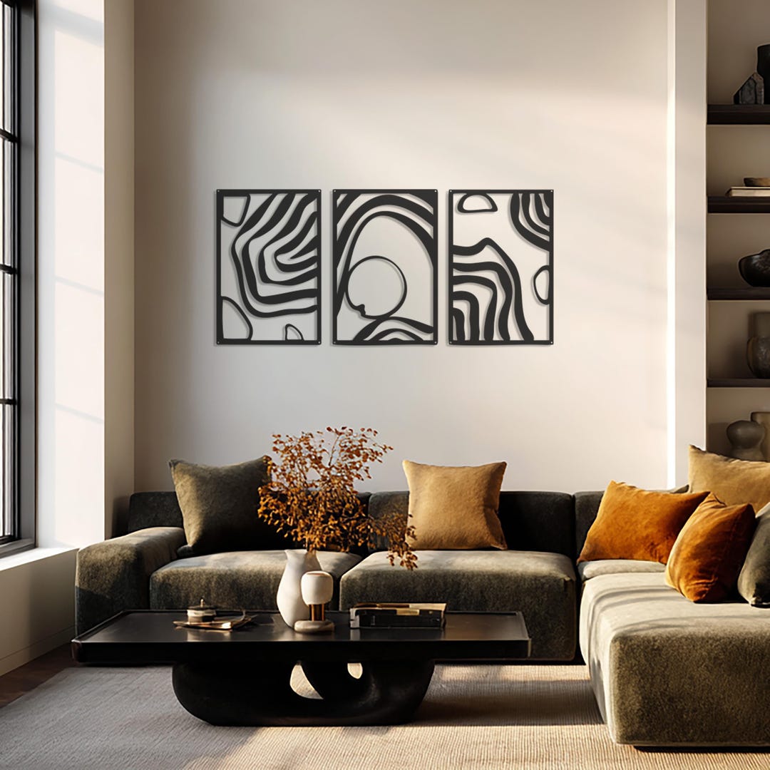 Abstract Metal Wall Art Set of 3 Panels, Modern Minimal Line Design ...