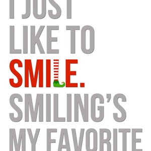 Op de afbeelding: Een witte achtergrond met grijze tekst die luidt "Ik vind het gewoon leuk om te lachen. Lachen is mijn favoriet." Het woord "lachen" is rood met een kleine elfschoen met een groene hoed en een rood-wit gestreept been.