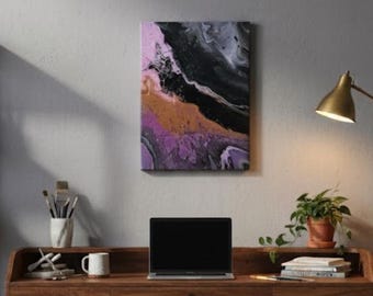 Pintura de arte fluido galáctico 12x16 Grieta etérea Negro Verde Púrpura